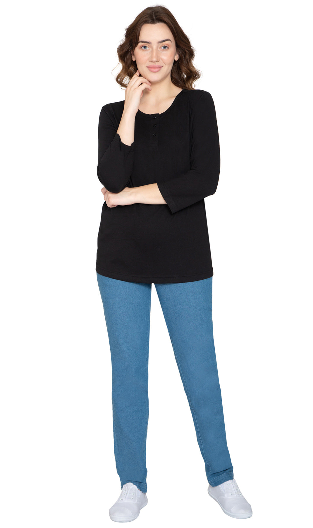 Women's 3/4 Sleeve Henley Top with Button Placket
