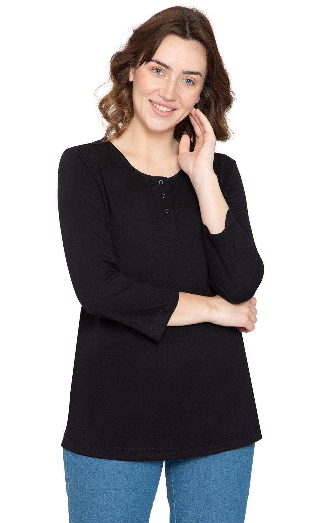 Women's 3/4 Sleeve Henley Top with Button Placket