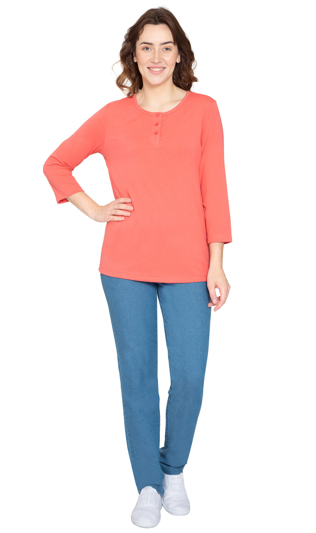 Women's 3/4 Sleeve Henley Top with Button Placket