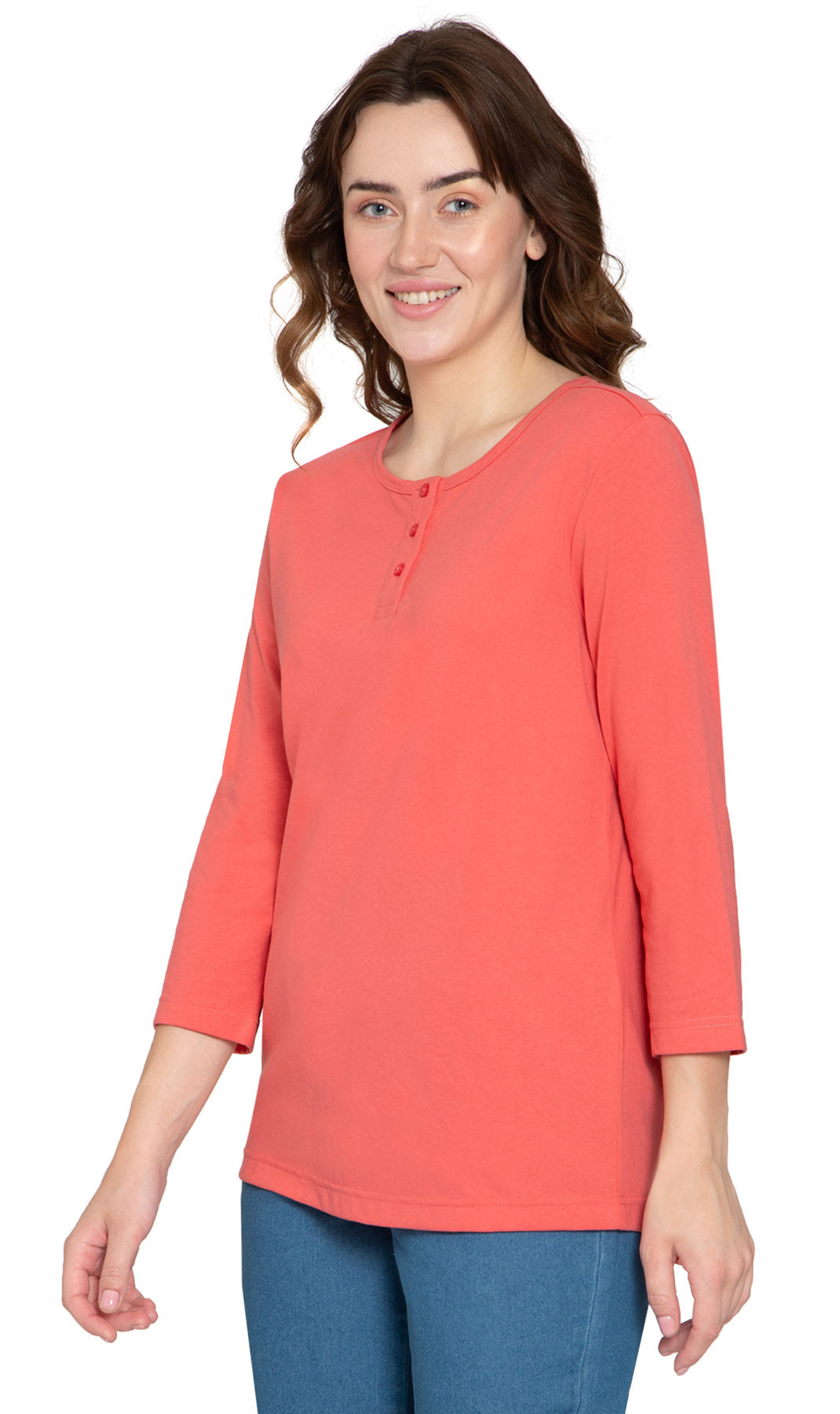 Women's 3/4 Sleeve Henley Top with Button Placket
