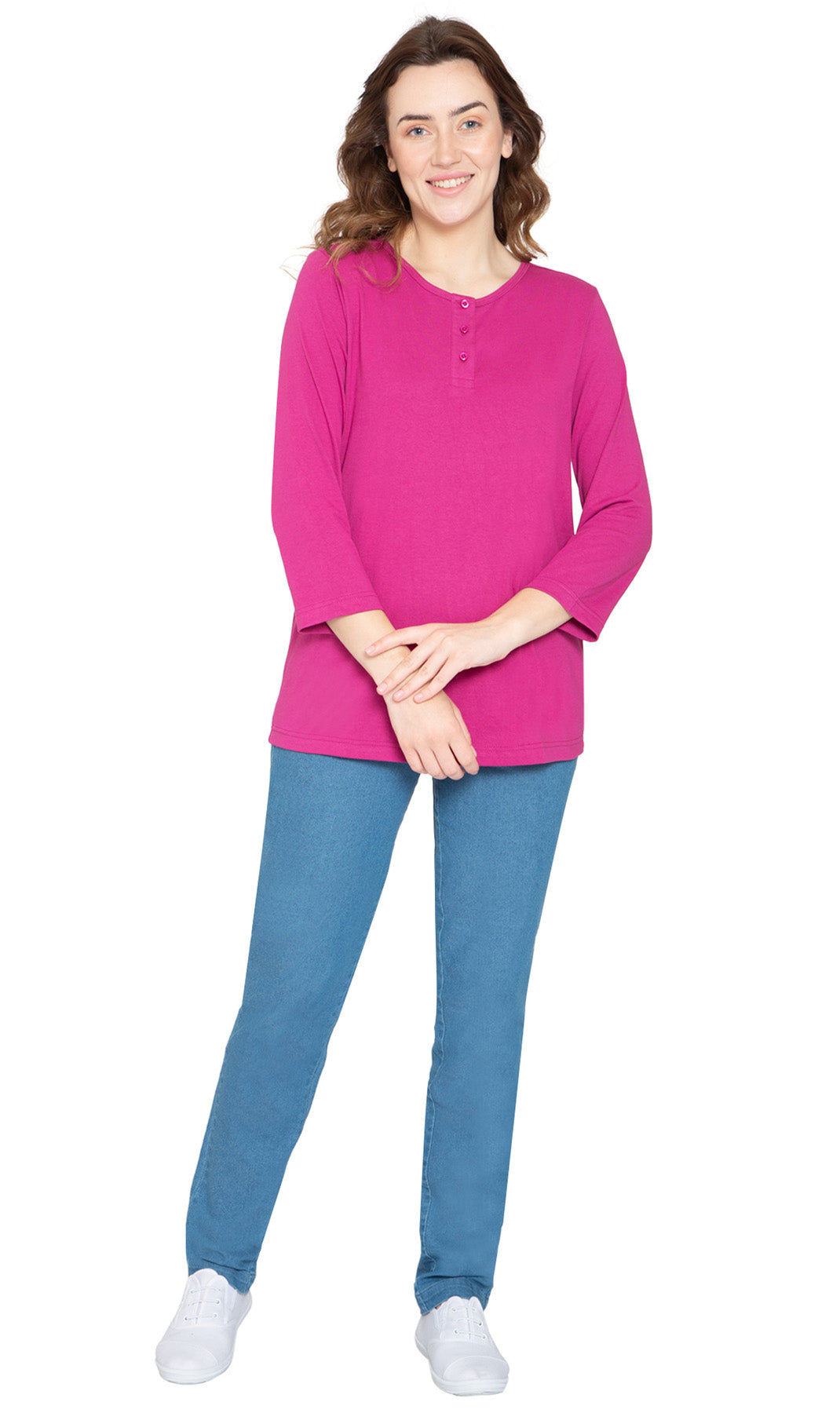 Women's 3/4 Sleeve Henley Top with Button Placket