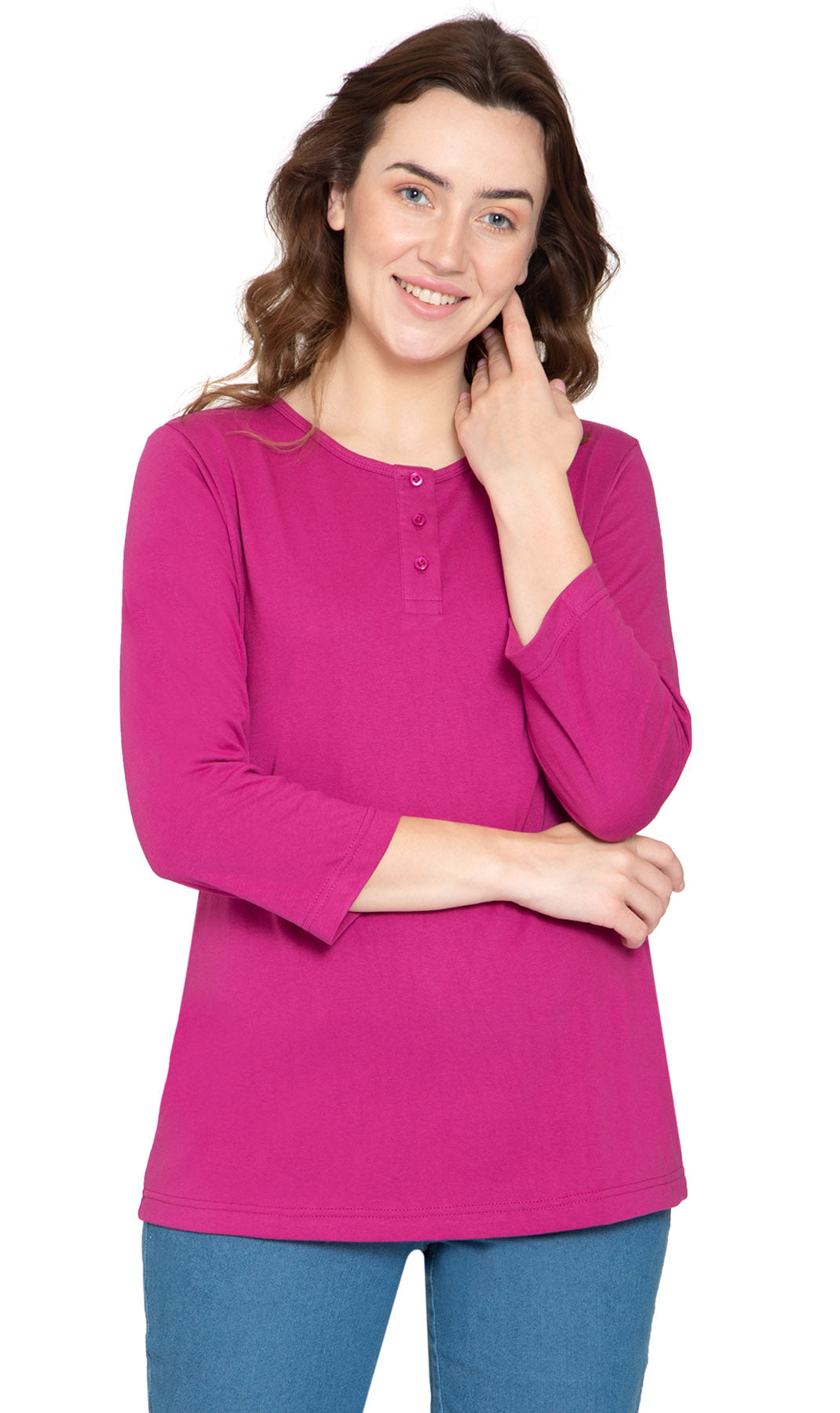Women's 3/4 sleeve henley top with button placket in magenta, coral, black, and teal.