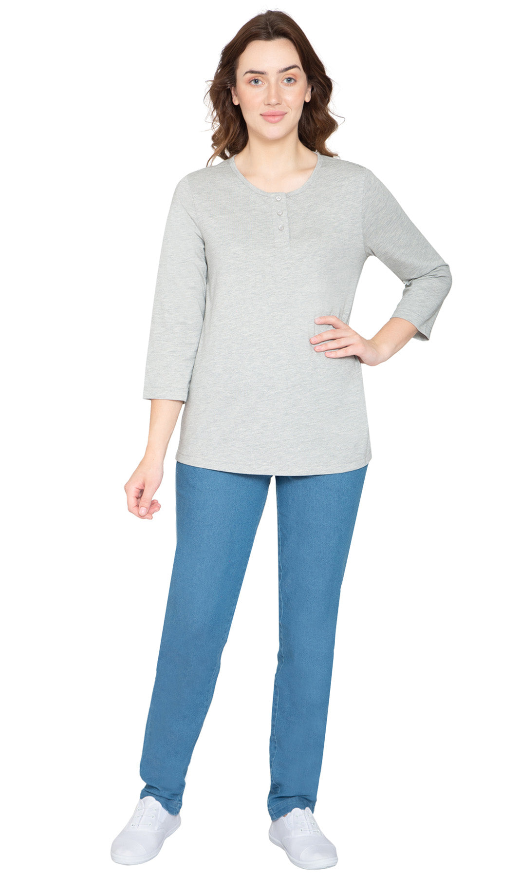 Women's 3/4 Sleeve Henley Top with Button Placket