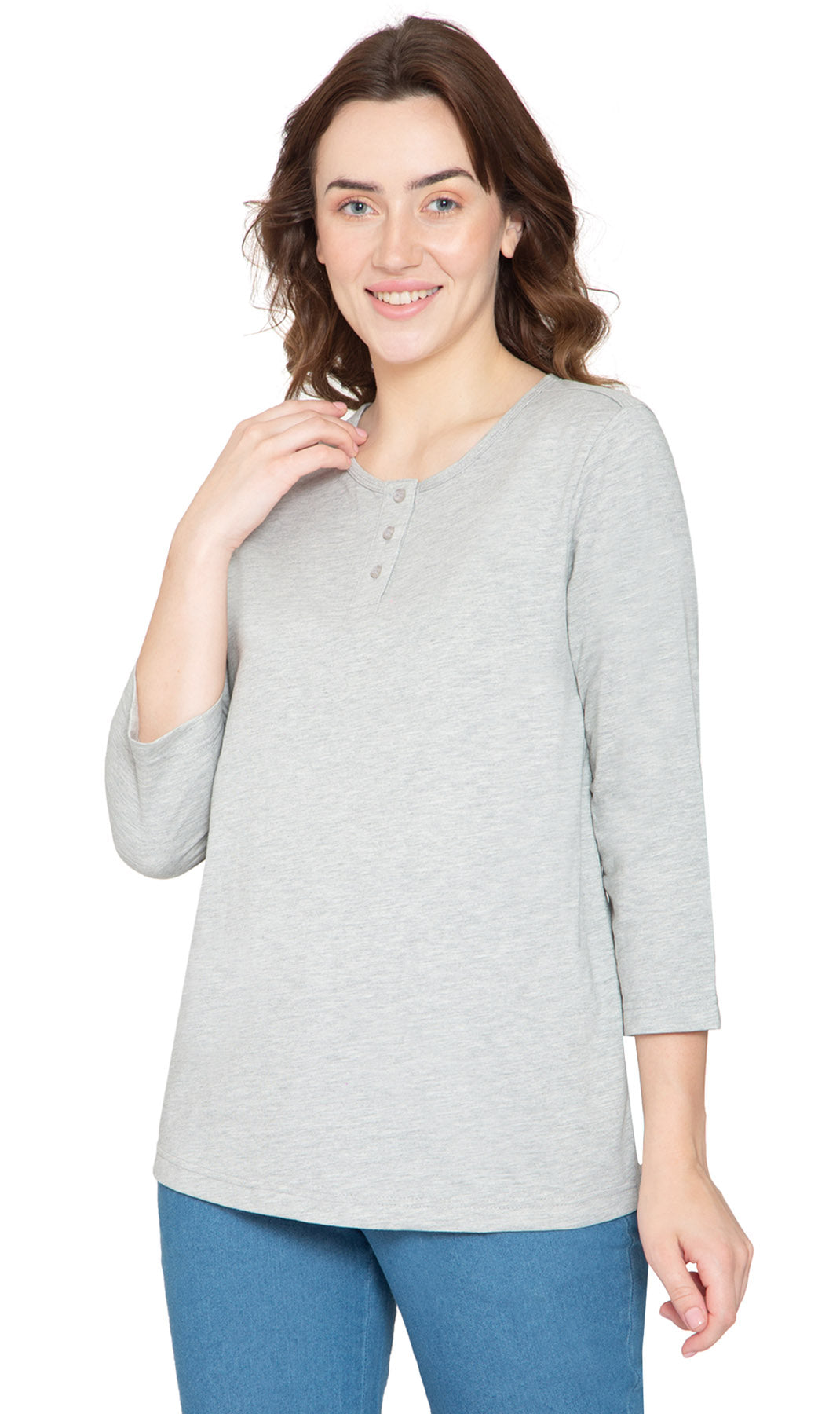Women's 3/4 Sleeve Henley Top with Button Placket