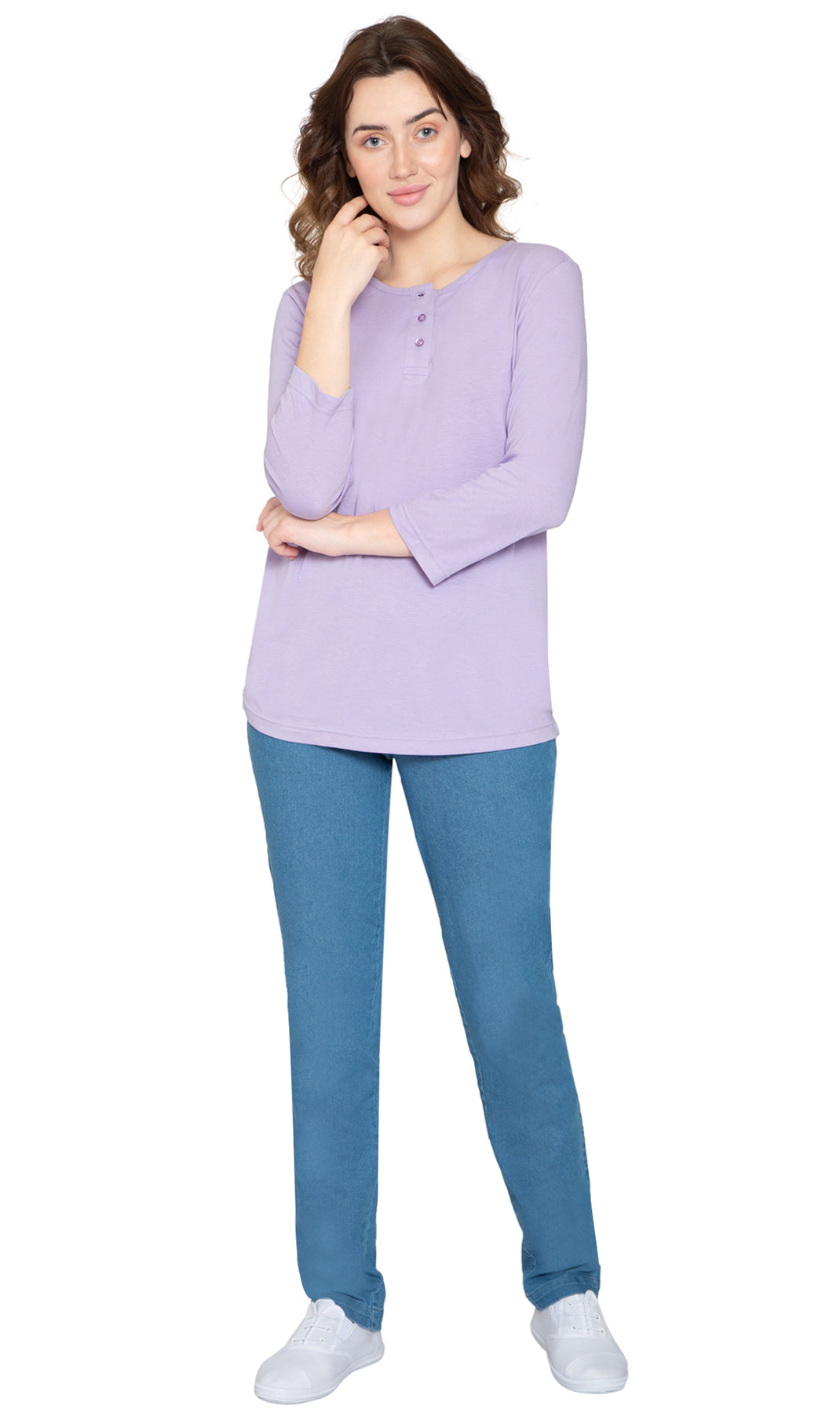 Women's 3/4 Sleeve Henley Top with Button Placket