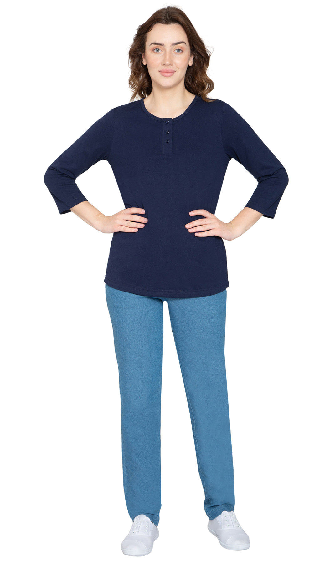 Women's 3/4 Sleeve Henley Top with Button Placket