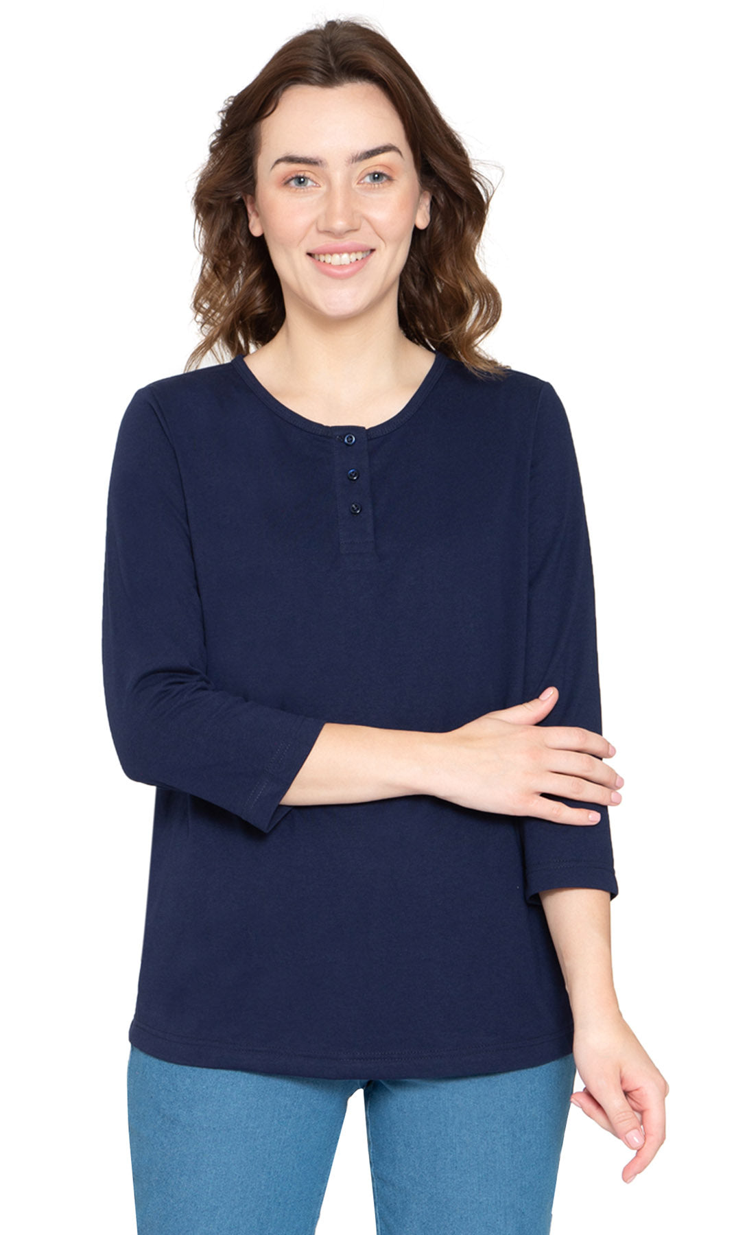 Women's 3/4 Sleeve Henley Top with Button Placket