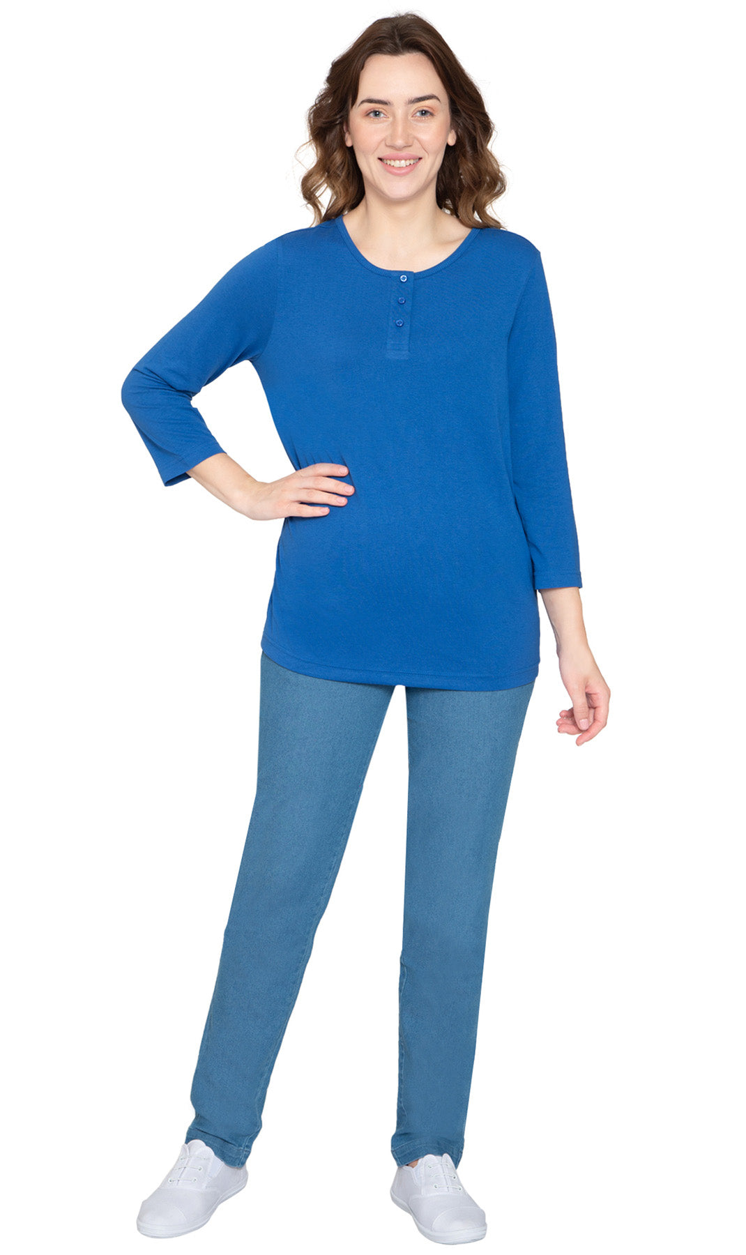 Women's 3/4 Sleeve Henley Top with Button Placket