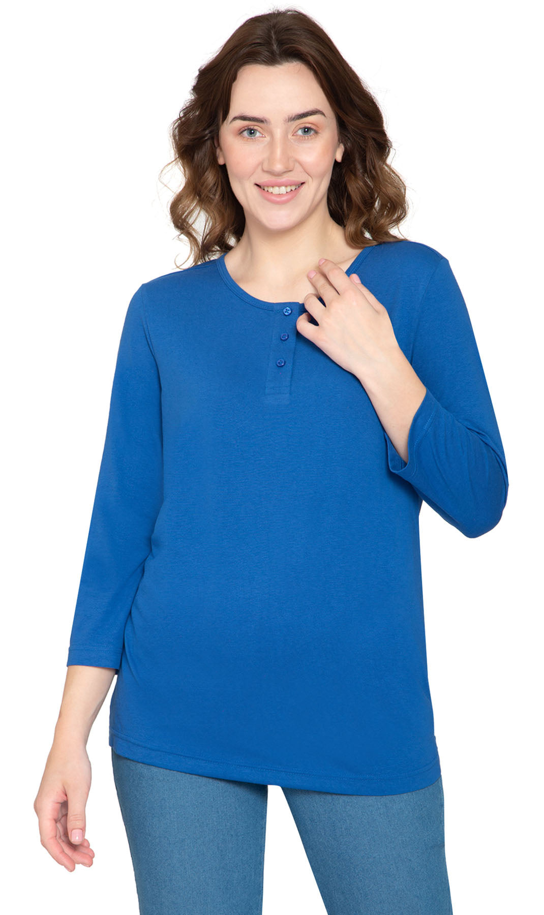 Women's 3/4 Sleeve Henley Top with Button Placket