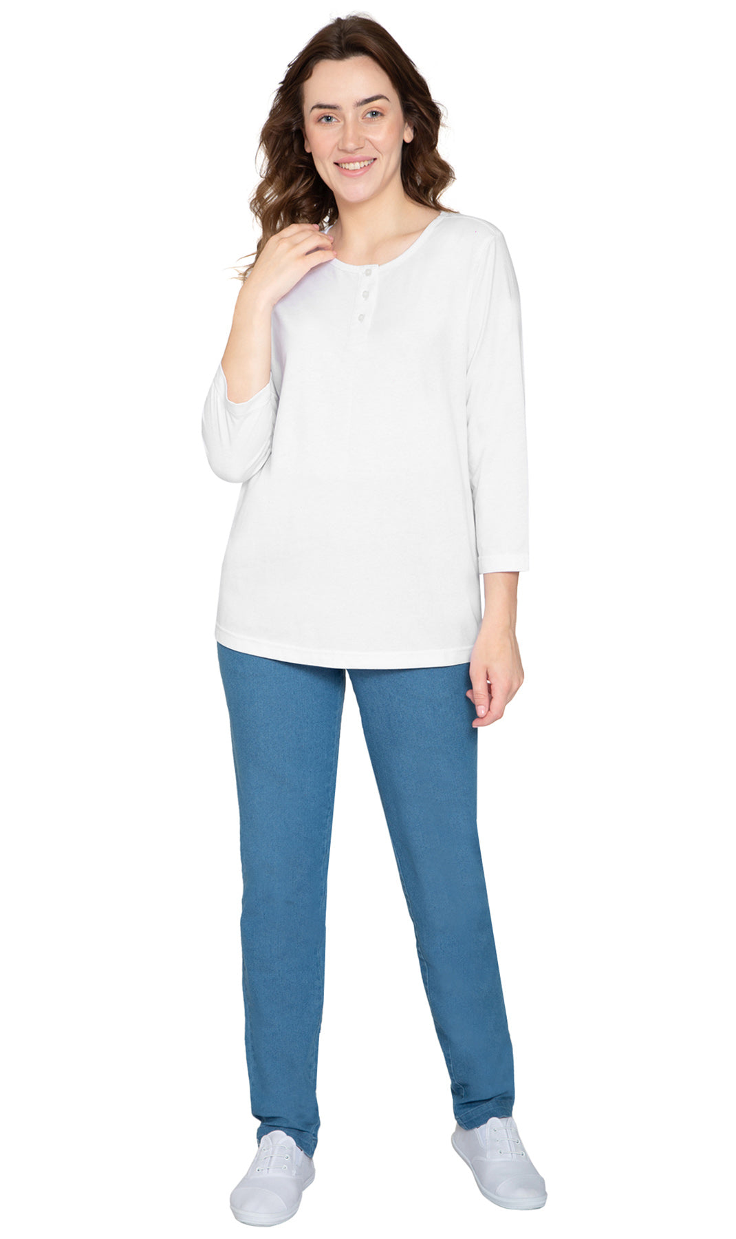 Women's 3/4 Sleeve Henley Top with Button Placket