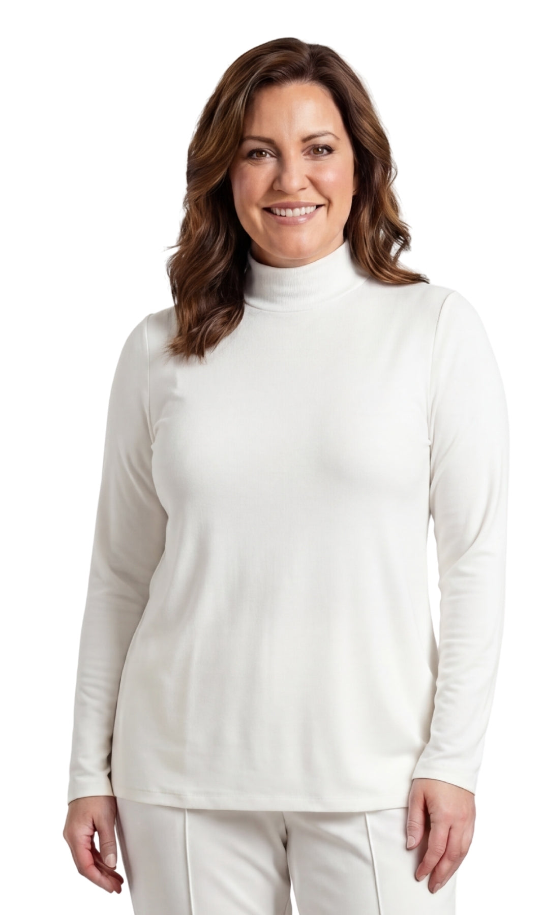 Women's long sleeve mock neck top available in black, white, and pink.