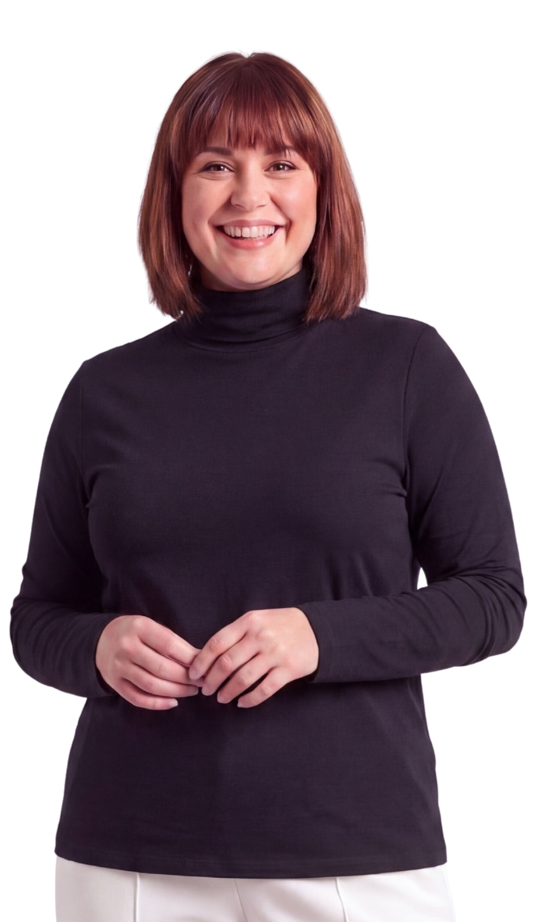 A woman wearing a long sleeve relaxed fit ribbed turtleneck top in solid black.