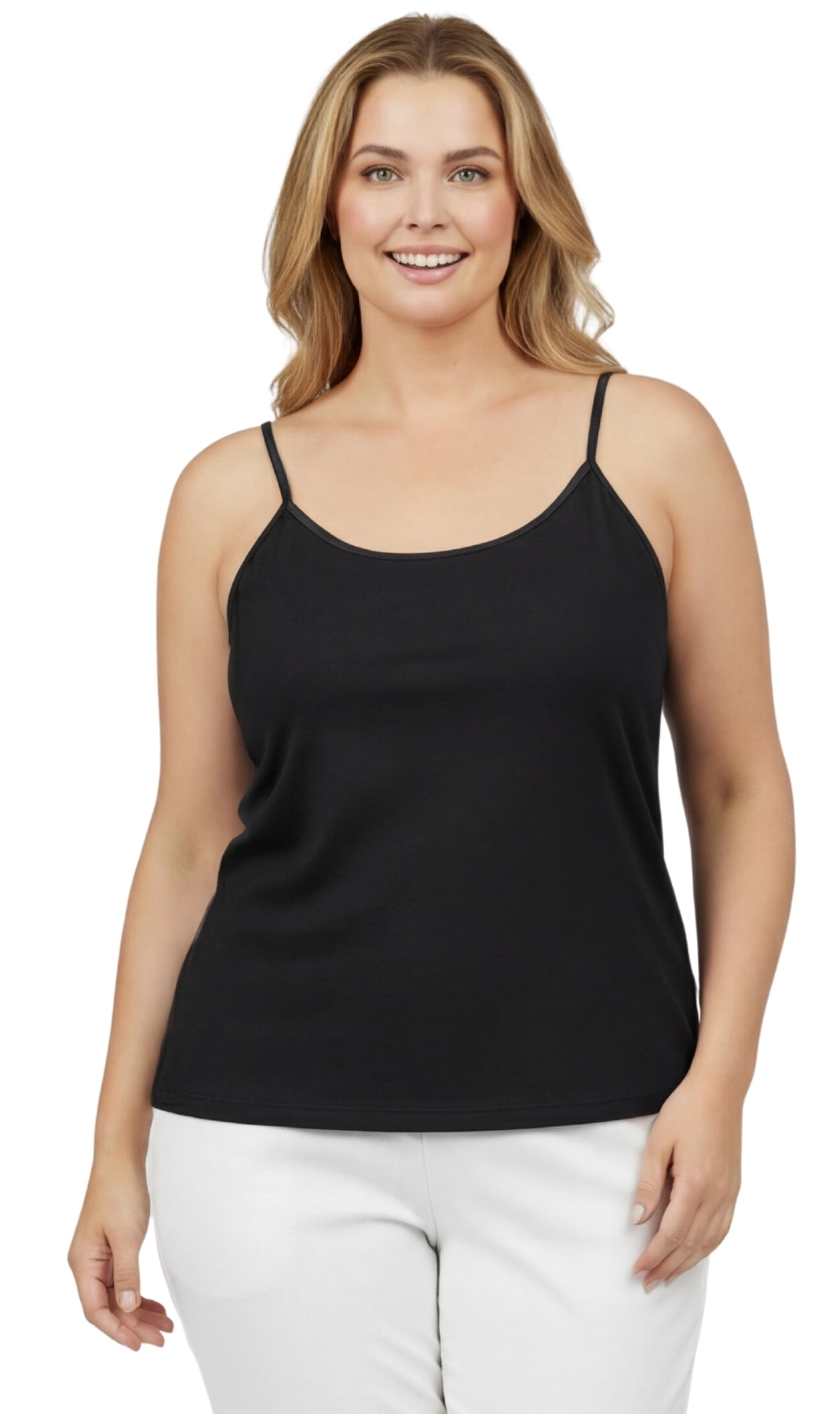 Women's cotton blend camisole with adjustable straps and shelf bra available in multiple colors.