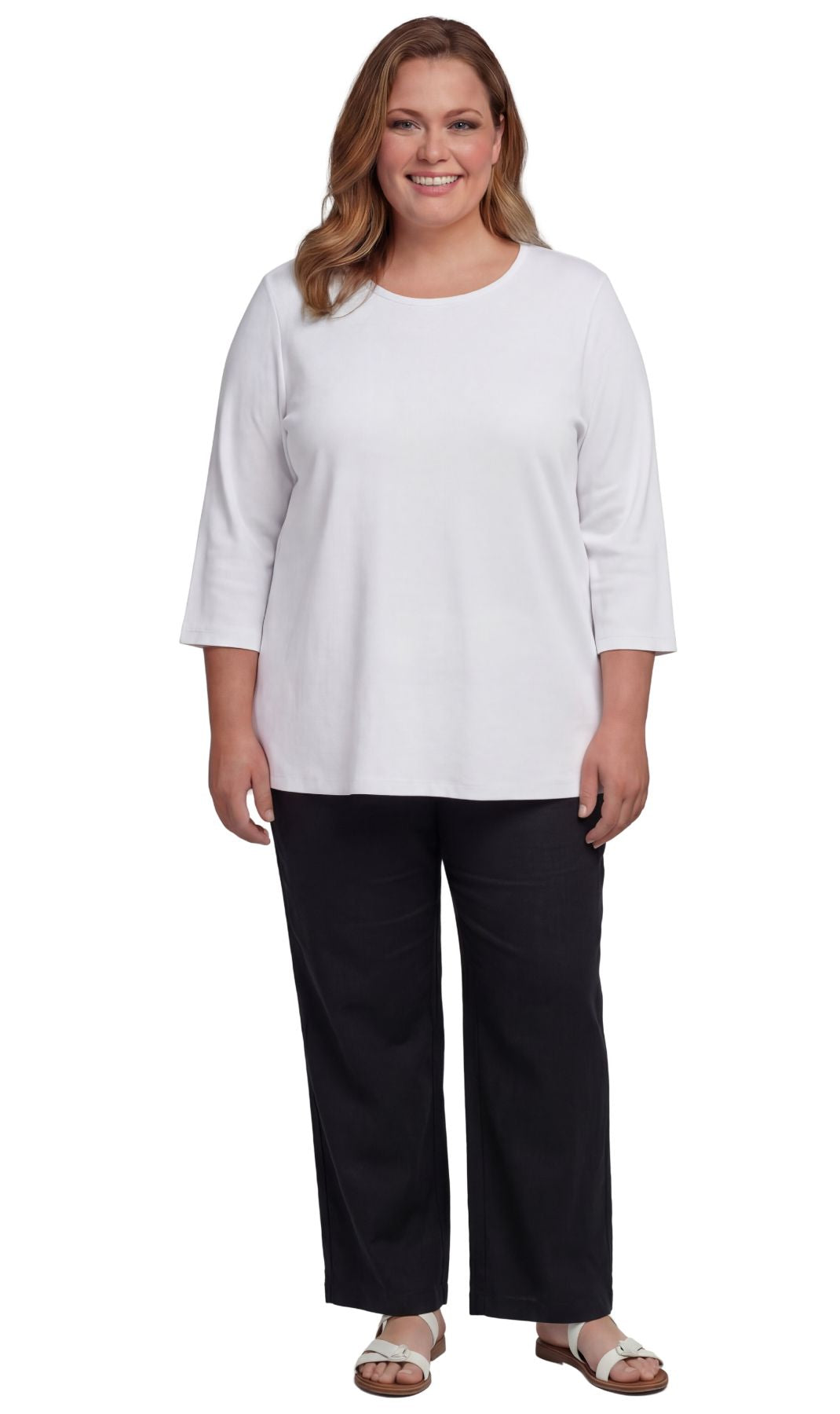 Women's 3/4 Sleeve Ribbed Crew Neck Cotton Knit Top