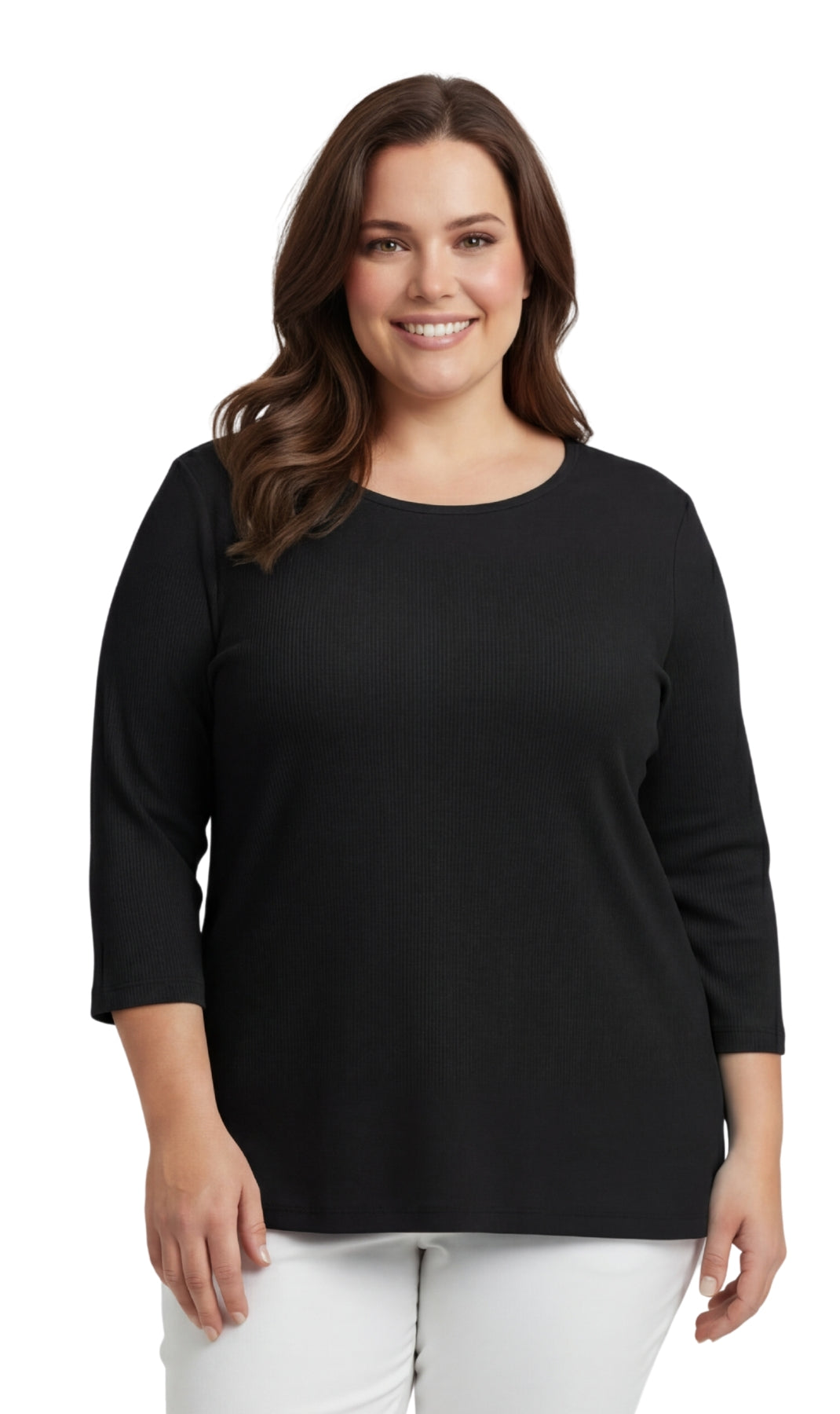 Women's solid color ribbed cotton knit top with crew neck and 3/4 sleeves in white