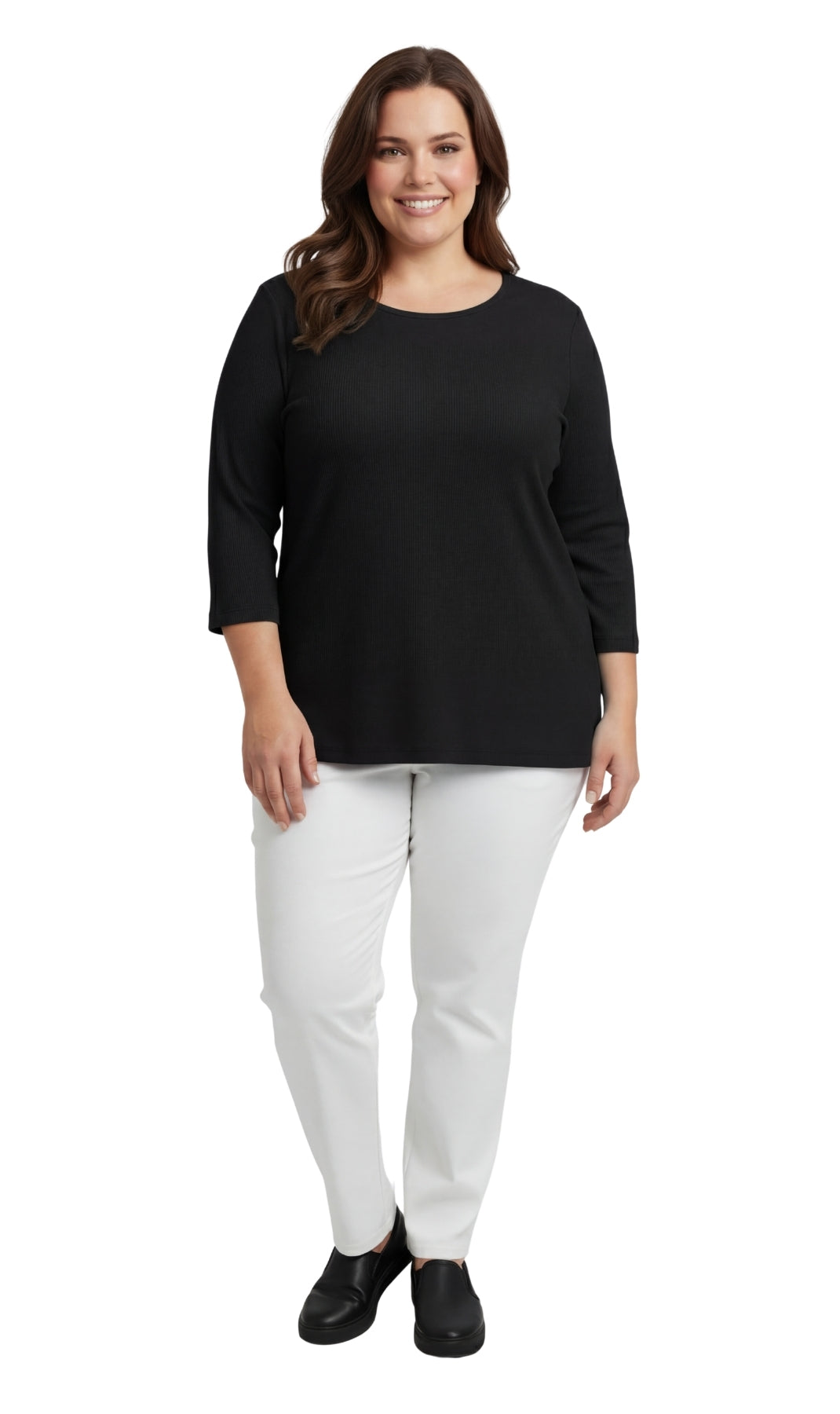Women's 3/4 Sleeve Ribbed Crew Neck Cotton Knit Top