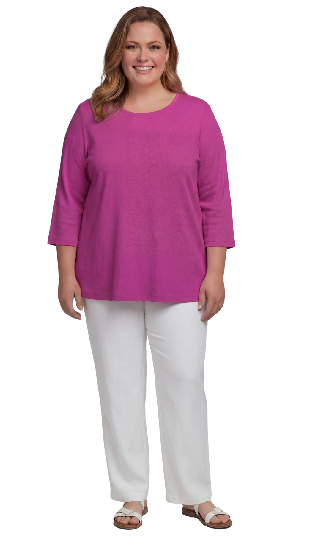 Women's 3/4 Sleeve Ribbed Crew Neck Cotton Knit Top
