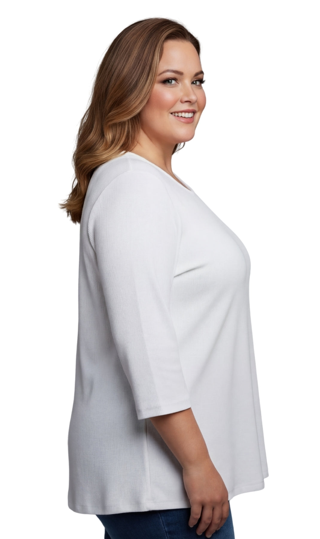 Women's 3/4 Sleeve Ribbed Crew Neck Cotton Knit Top