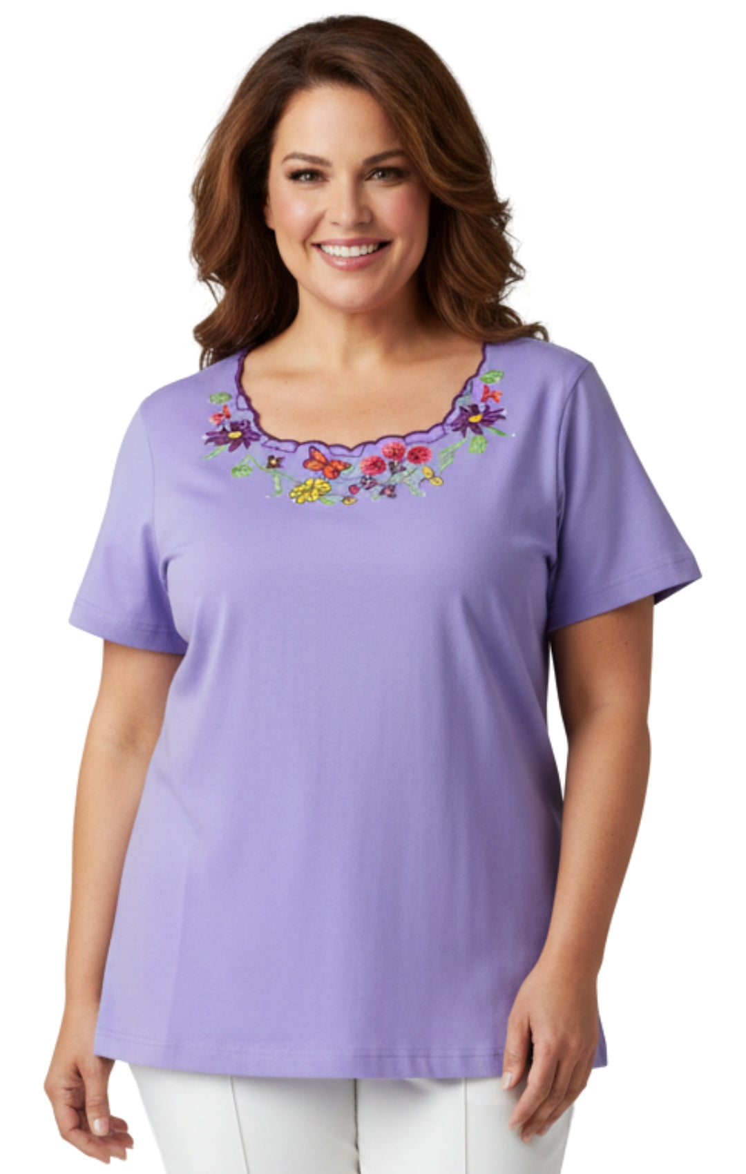 Women's Scalloped Neckline Embellished Short Sleeve Cotton Tee