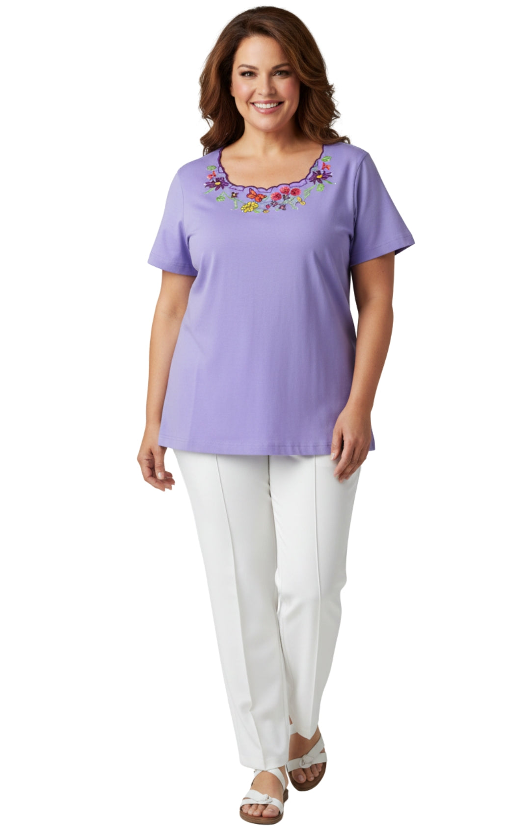 Women's Scalloped Neckline Embellished Short Sleeve Cotton Tee