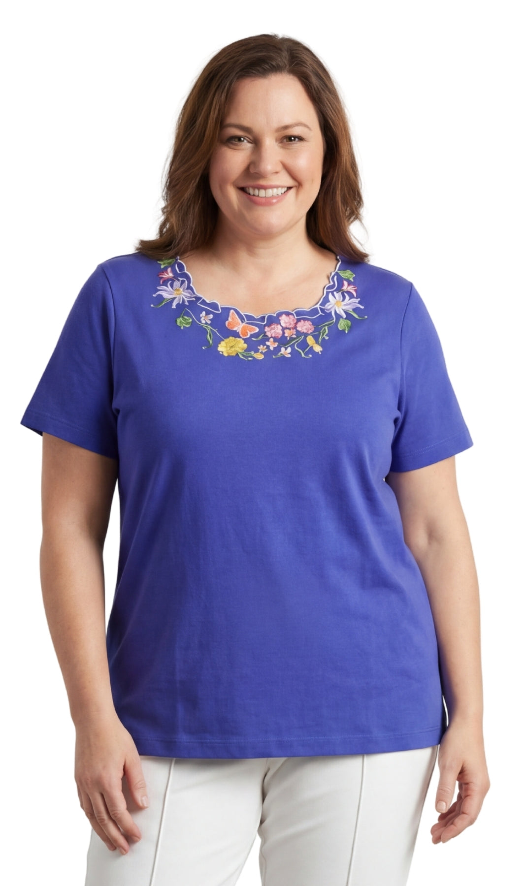 Women's Scalloped Neckline Embellished Short Sleeve Cotton Tee