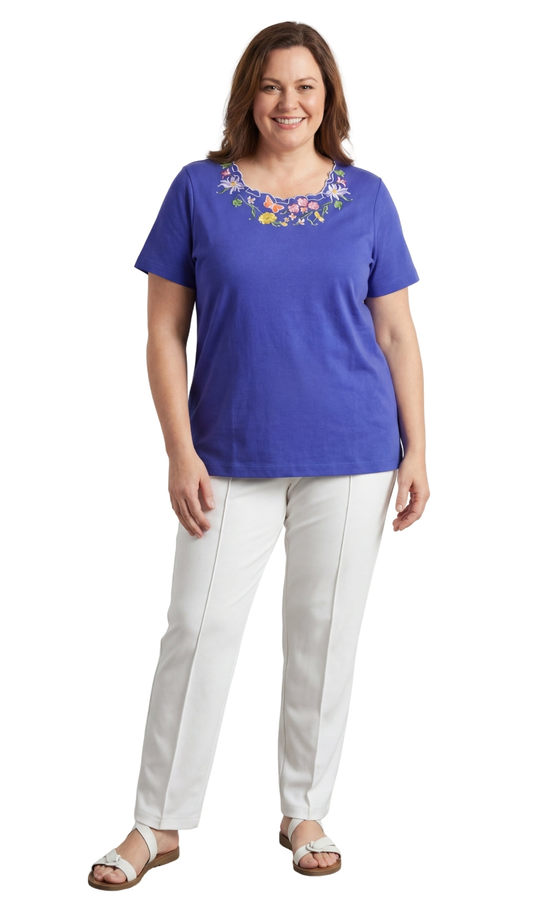 Women's Scalloped Neckline Embellished Short Sleeve Cotton Tee