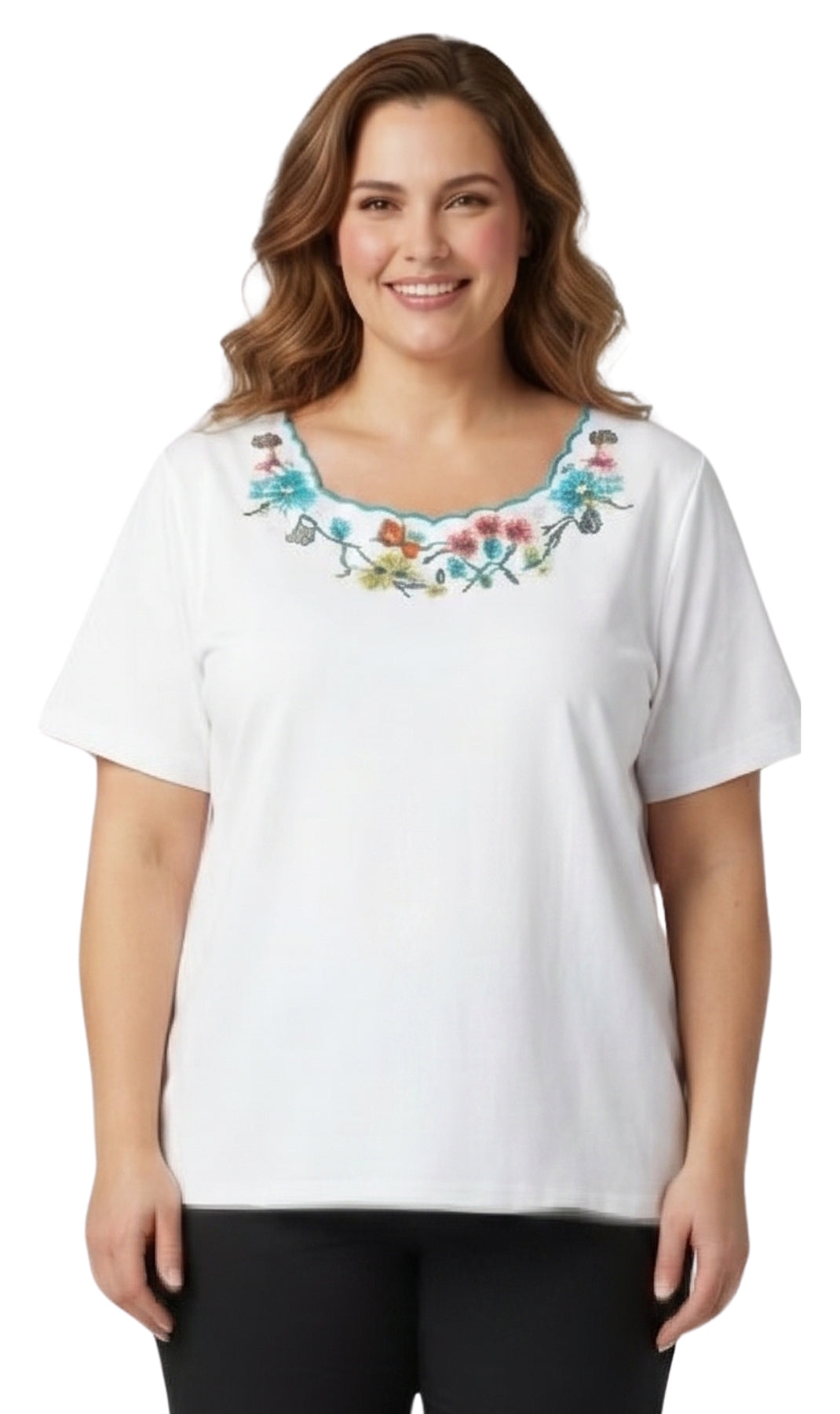 Women's white short sleeve cotton tee with scalloped embellished neckline