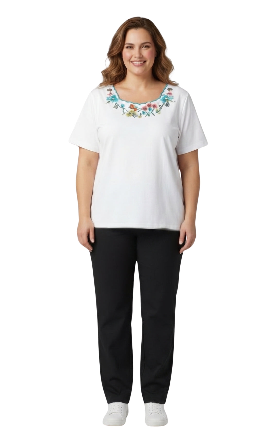 Women's Scalloped Neckline Embellished Short Sleeve Cotton Tee