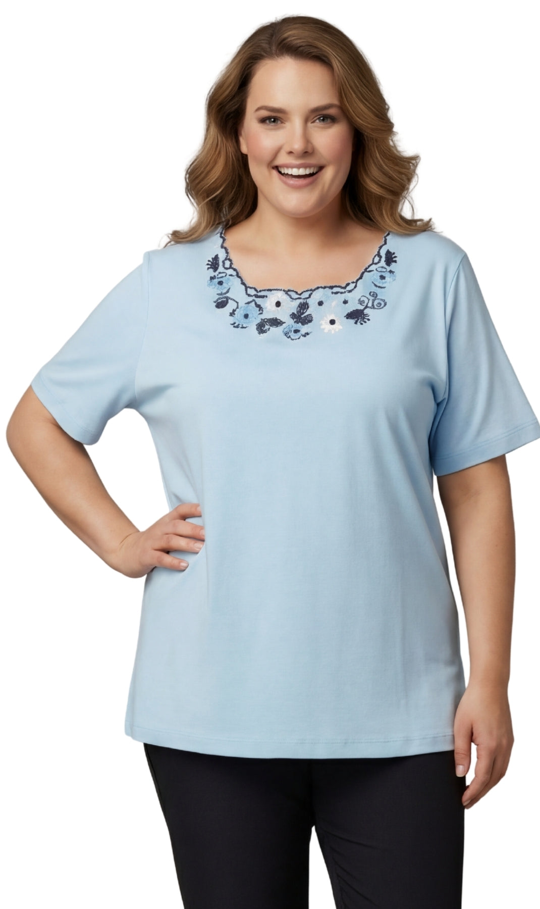 Women's Scalloped Neckline Embellished Short Sleeve Cotton Tee