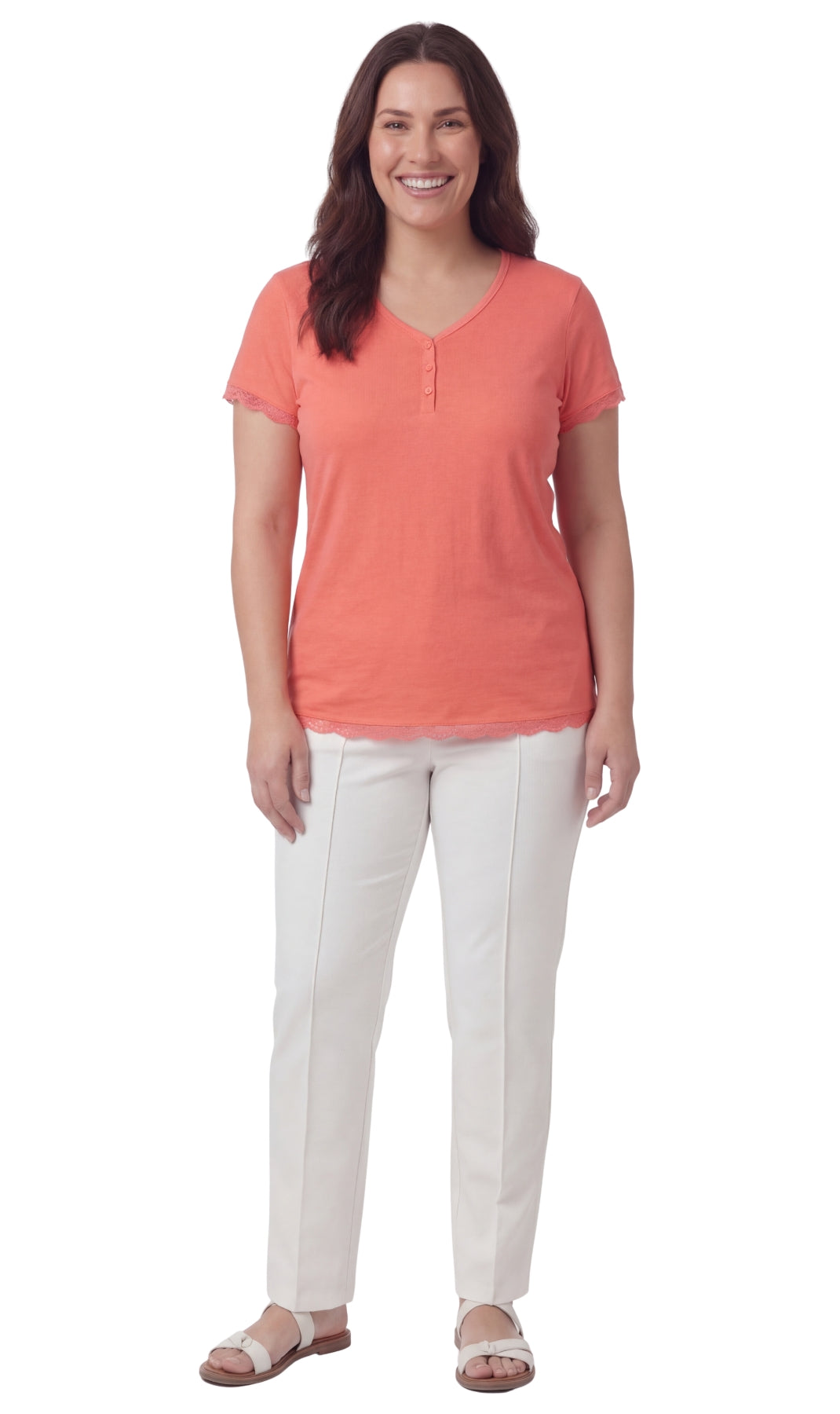 Women's Short Sleeve V-Neck Tee with 3-Button Henley Placket