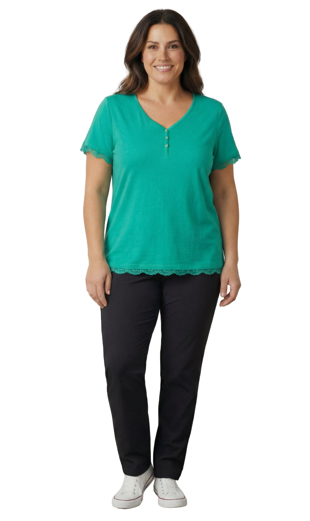 Women's Short Sleeve V-Neck Tee with 3-Button Henley Placket