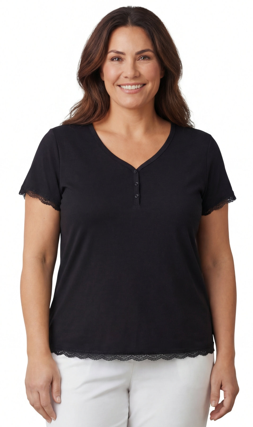 Women's V-neck knit t-shirt with 3-button henley placket in solid color.