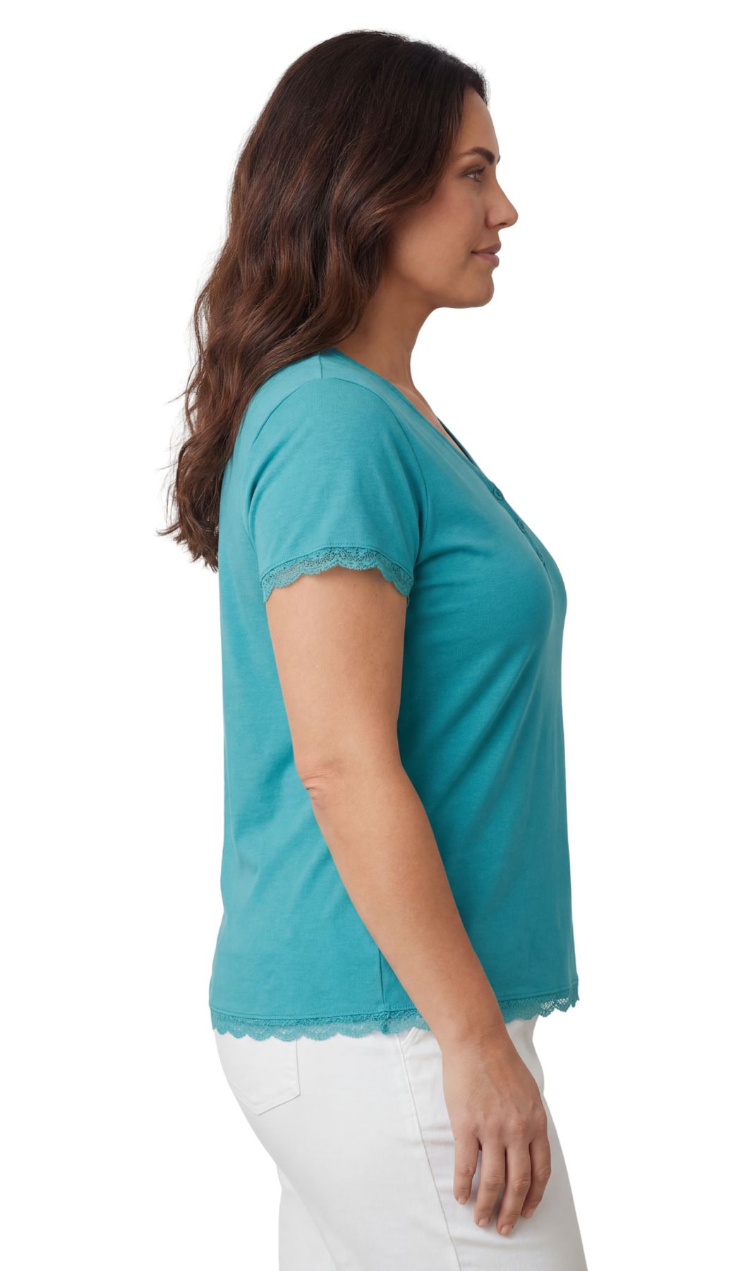 Women's Short Sleeve V-Neck Tee with 3-Button Henley Placket
