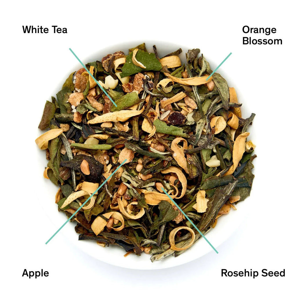 A black pouch of Know by Heart white tea next to a bowl of loose leaf tea ingredients including white tea, orange blossom, apple, and rosehip seed.