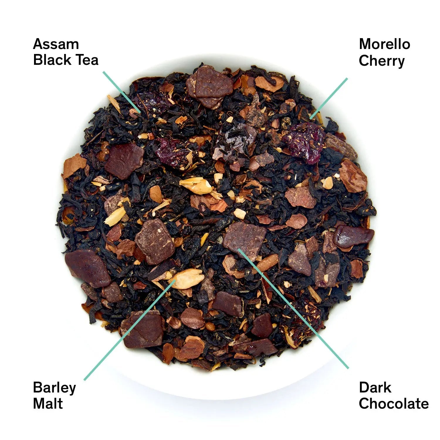 A pouch of Cabaret black tea next to a white bowl showing ingredients including Assam black tea, dark chocolate pieces, morello cherry, and barley malt.