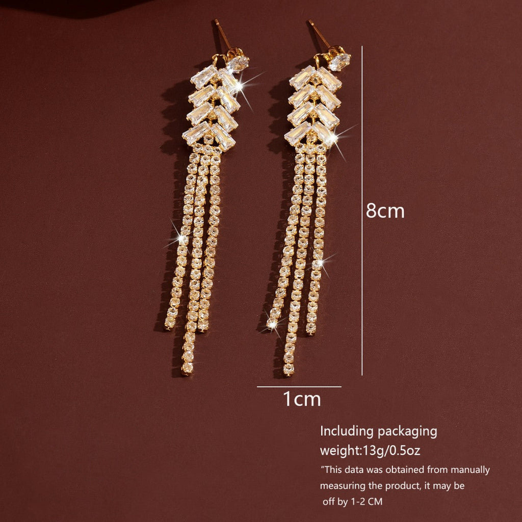 Shiny Rhinestone Tassel Wheat Shape Long Drop Earrings, Geometric Dangle Earrings Elegant Bridal Jewelry For Wedding Banquet Party