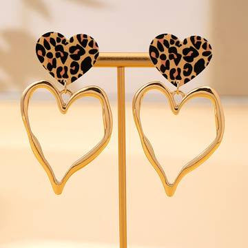 Leopard-print Exaggerated Heart-shaped Pendant Earrings