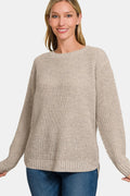 Zenana High Low Waffle Knit Long Sleeve Sweater