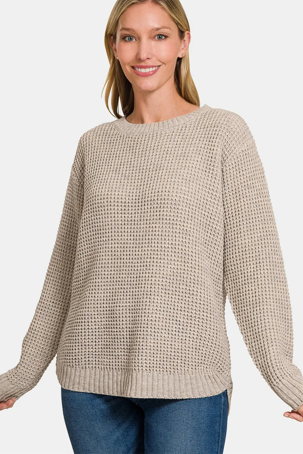 Zenana High Low Waffle Knit Long Sleeve Sweater