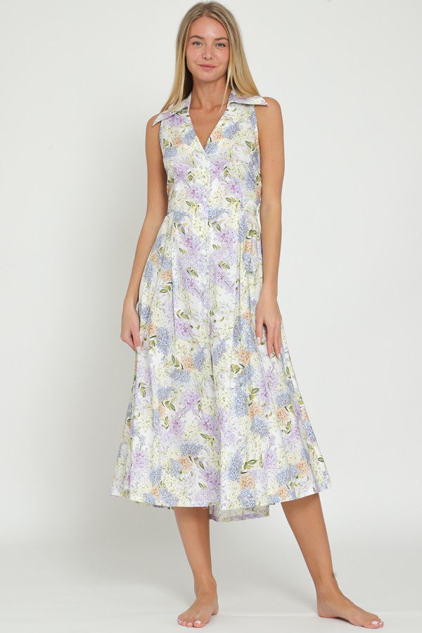 White Light Blue Sleeveless Button Down Floral Midi Dress - Image 2