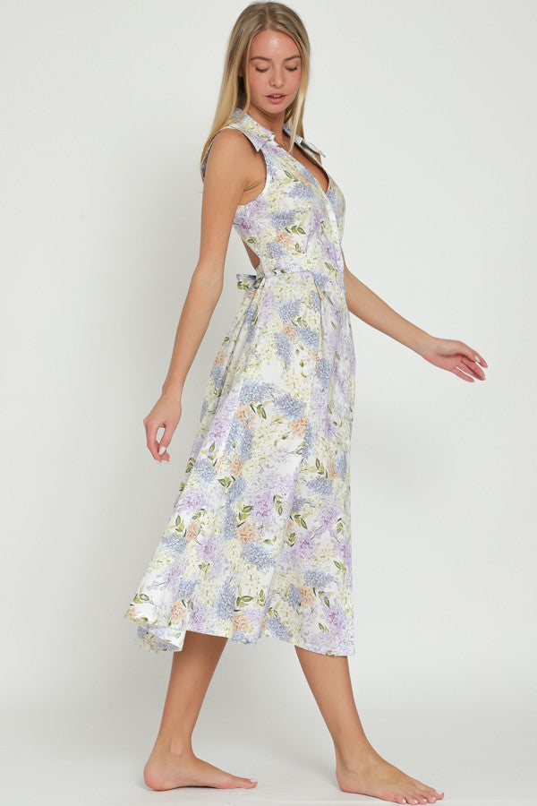 White Light Blue Sleeveless Button Down Floral Midi Dress - Image 3
