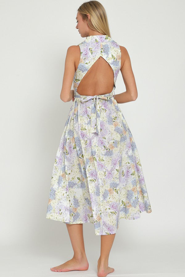 White Light Blue Sleeveless Button Down Floral Midi Dress - Image 4