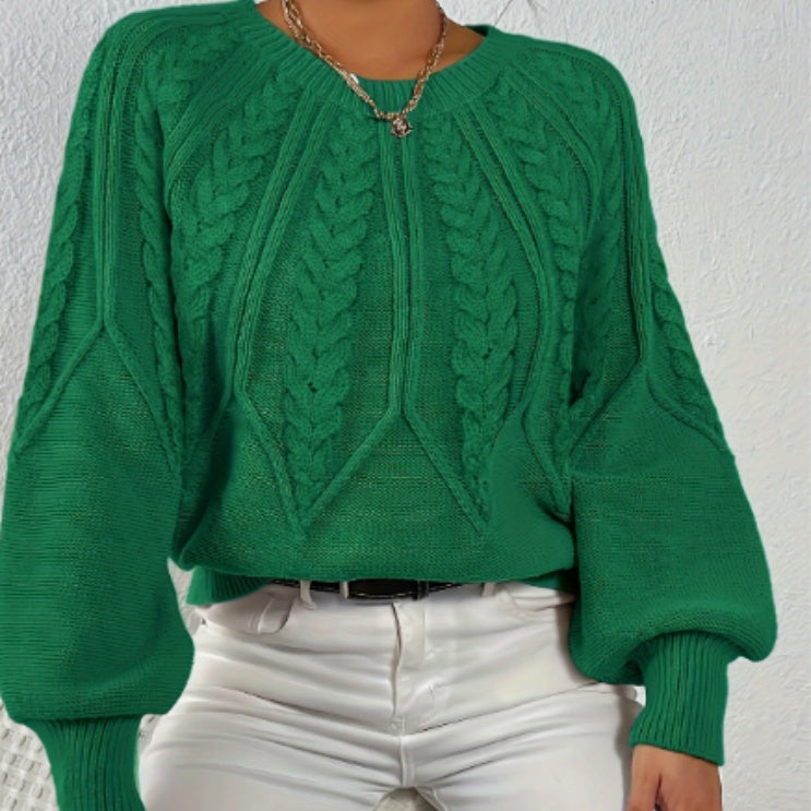 Women wearing a relaxed fit, long sleeve black crew neck knit pullover sweater