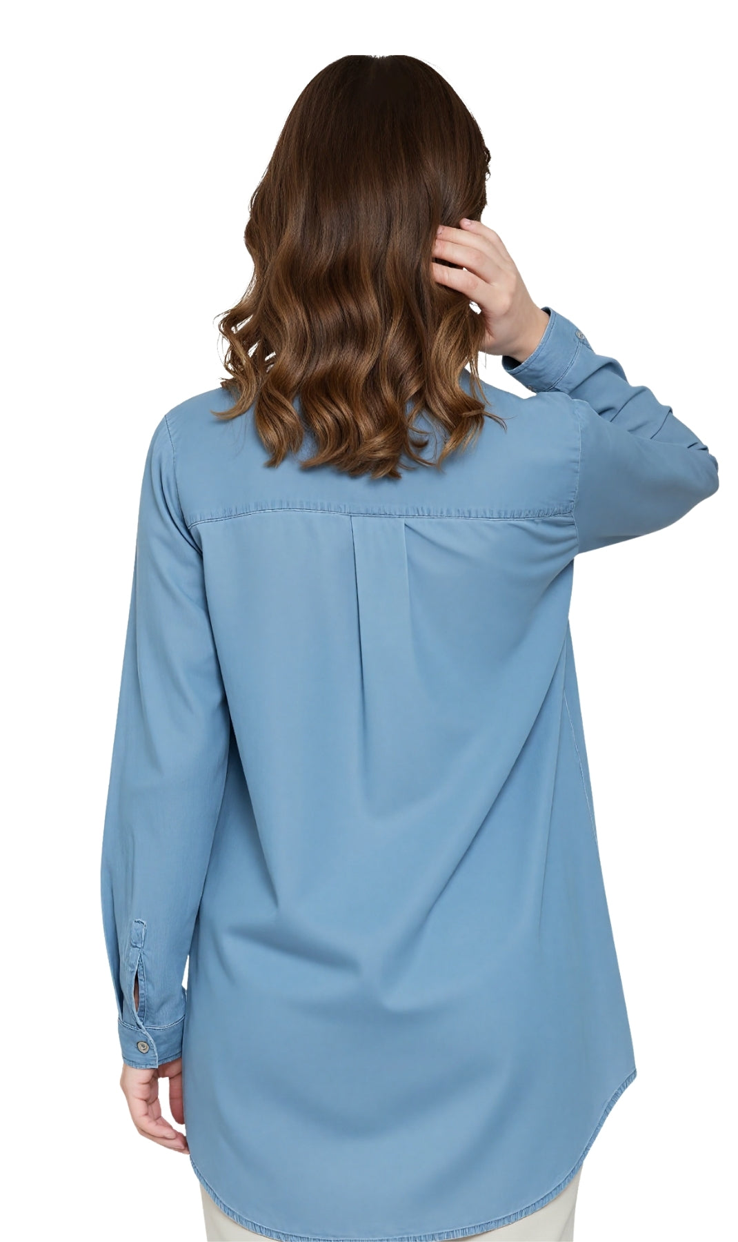 Women's Long Sleeve Denim Tunic Top in Blue Button Down Shirt