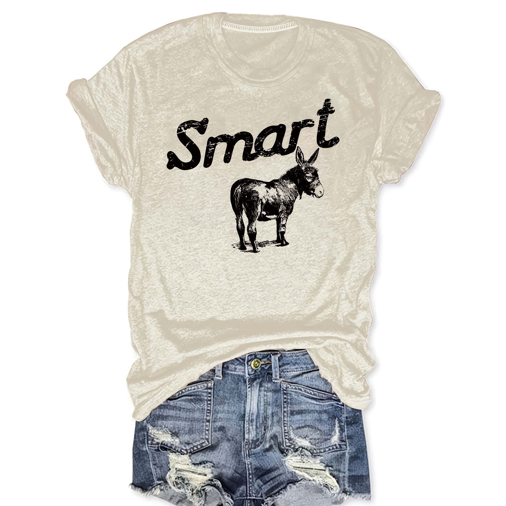 Women's Round Neck Short Sleeve T-Shirt Grey Donkey Graphic Tee