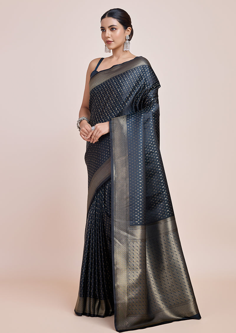 Dark Teal Banarasi Satin Silk Saree with Zari Woven Border