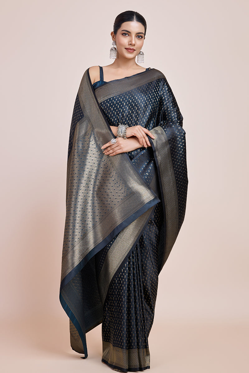 Dark Teal Banarasi Satin Silk Saree with Zari Woven Border