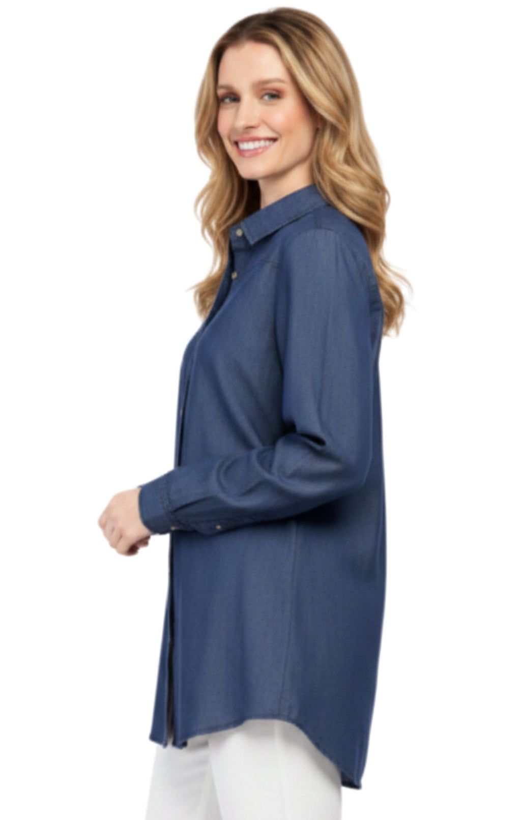 Women's Long Sleeve Denim Tunic Top in Blue Button Down Shirt