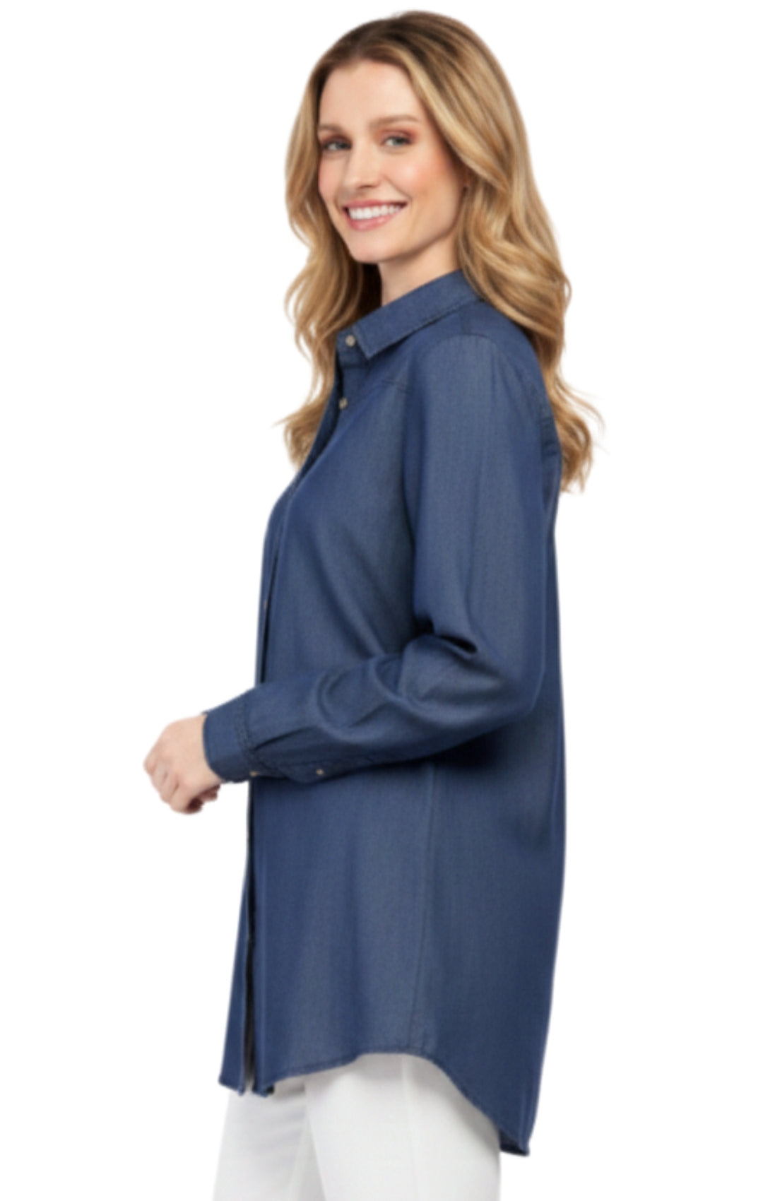 Women's Long Sleeve Denim Tunic Top in Blue Button Down Shirt