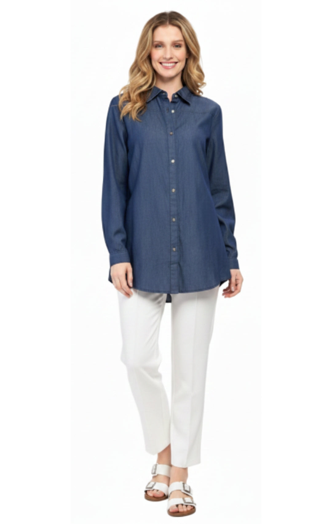 Women's Long Sleeve Denim Tunic Top in Blue Button Down Shirt